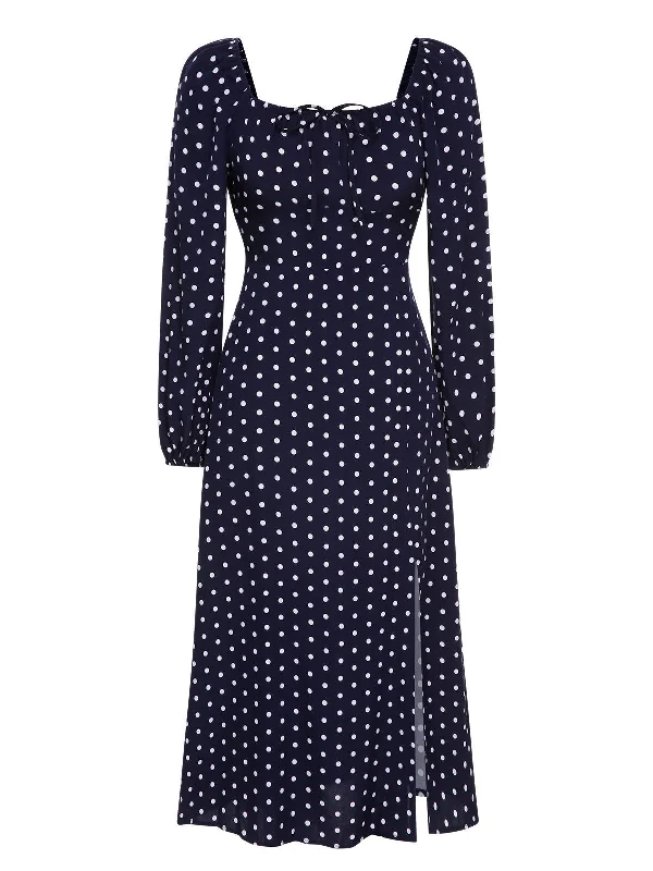 Blue 1940s Lantern Sleeve Polka Dots Dress Tunics Stylish elegant