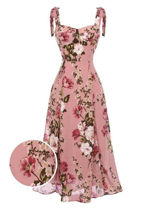 Pink 1940s Floral Lace-Up Dress Tunics Mesh breathable