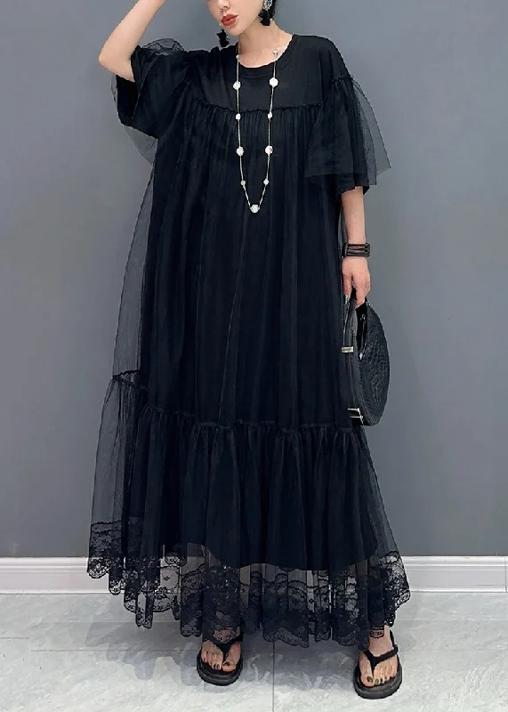 Plus Size Black O Neck Wrinkled Patchwork Tulle Dress Summer AY1019