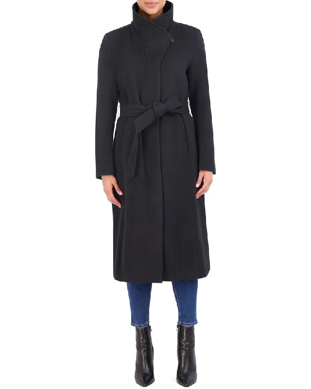 Cole Haan Slick Wool-Blend Long Zip Up Coat Plaid Tartan Floral