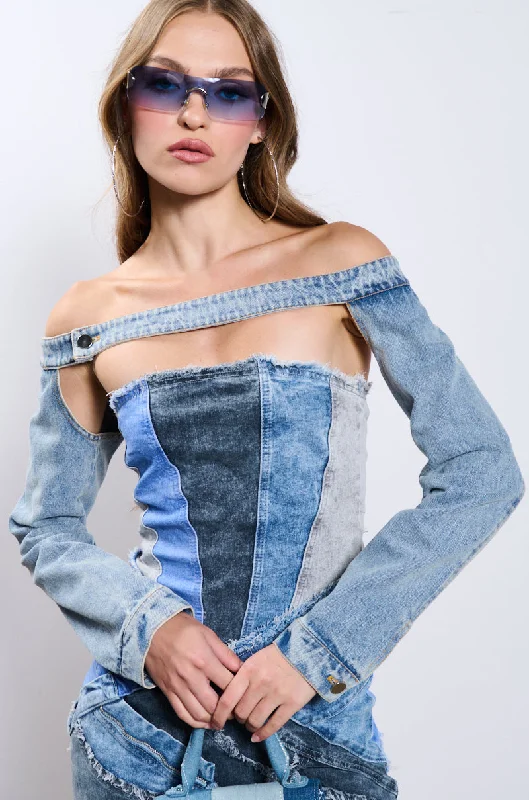 JUST THE SLEEVES DENIM BOLERO JACKET Boat Neck Shawl Collar Notched Collar