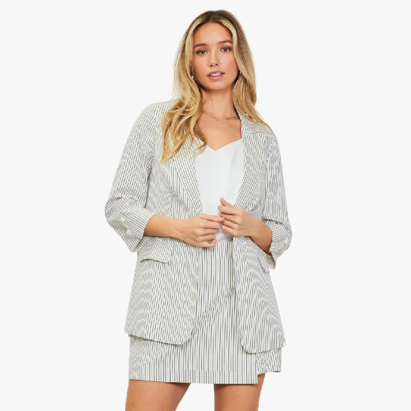 Pinstriped Rolled Sleeve Blazer (Ivory + Navy)