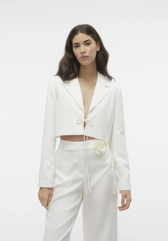 Vero Moda Florentina Tie Front Cropped Blazer, Snow White Off-the-Shoulder Jacket Double-Breasted Coat Single-Breasted Coat