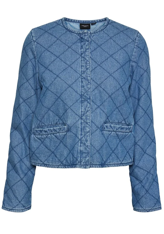 Vero Moda Olive Quilted Denim Jacket, Medium Blue Denim Mesh Canvas Denim