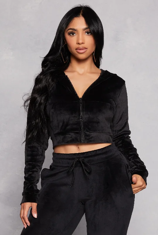 Velour Cropped Zip Front Hoodie Hoodie with Sequins Glamorous Eye-catching