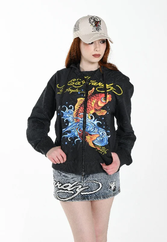 Womens Golden-Koi Teddy Fleece Lined Hooded Jumper - Charcoal Hoodie with Emblem Brand Identity Womens Golden-Koi Teddy Fleece Lined Hooded Jumper - Charcoal Hoodie with Emblem Brand Identity