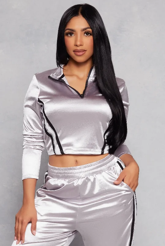 Varsity Stripe Detail Zip Neck Crop Top Hoodie with Hem Fringe Bohemian Relaxed