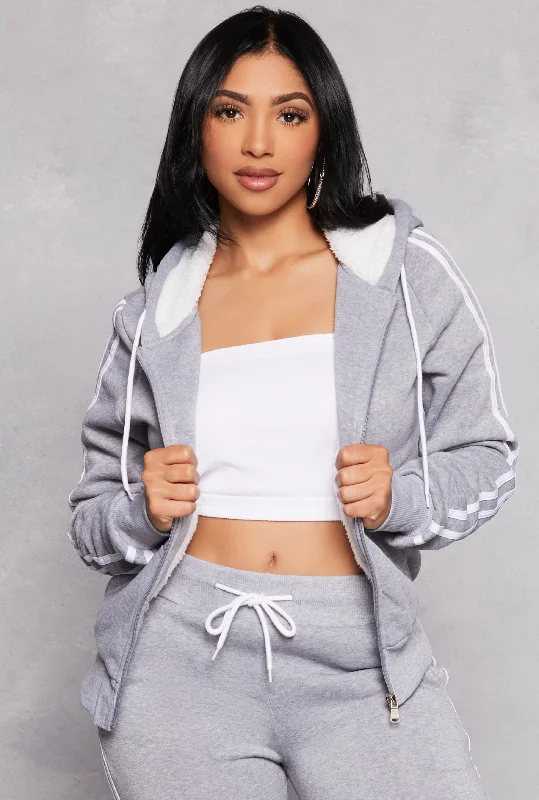Varsity Stripe Zip Front Sherpa Lined Hoodie Hoodie with Double Zipper Versatile Adjustable Varsity Stripe Zip Front Sherpa Lined Hoodie Hoodie with Double Zipper Versatile Adjustable