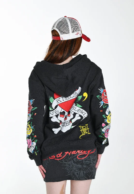 Womens Lucky-Love Graphic Zip Through Hoodie - Charcoal Hoodie with Elastic Waist Stretchable Comfortable Womens Lucky-Love Graphic Zip Through Hoodie - Charcoal Hoodie with Elastic Waist Stretchable Comfortable