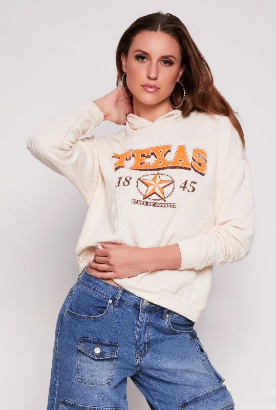 Ribbed Texas Graphic Pullover Hoodie Hoodie with Pocket Utility Practical