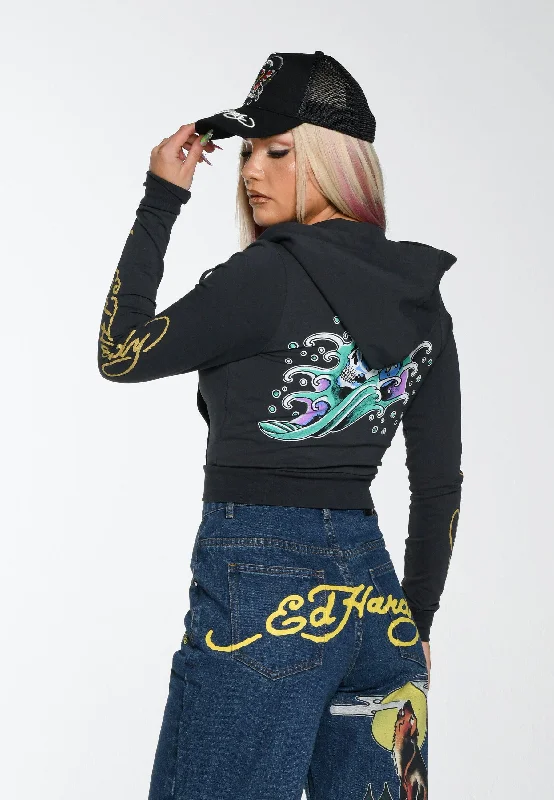 Womens Pray-For-Surf Cropped Graphic Zip Through Hoodie - Charcoal Hoodie with Puffed Sleeves Voluminous Trendy Womens Pray-For-Surf Cropped Graphic Zip Through Hoodie - Charcoal Hoodie with Puffed Sleeves Voluminous Trendy