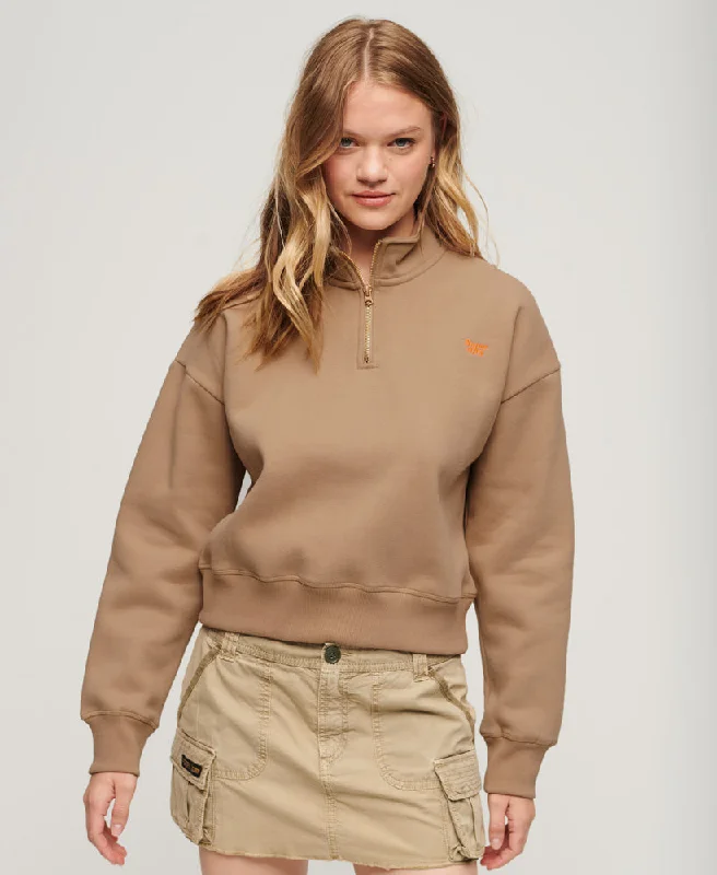Vintage Logo Embroidered Half Zip Sweatshirt | Pyramid Sands Brown Hoodie with Drawcord Adjustable Secure