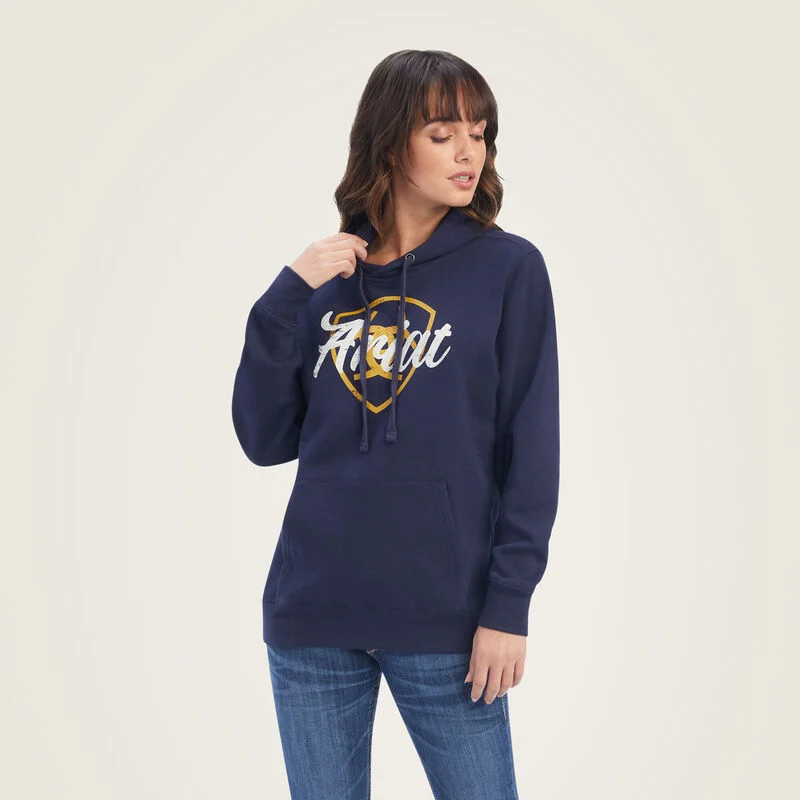 Ariat Women's REAL Shield Logo Hoodie, Navy Eclipse Hoodie with Hem Lace Feminine Delicate