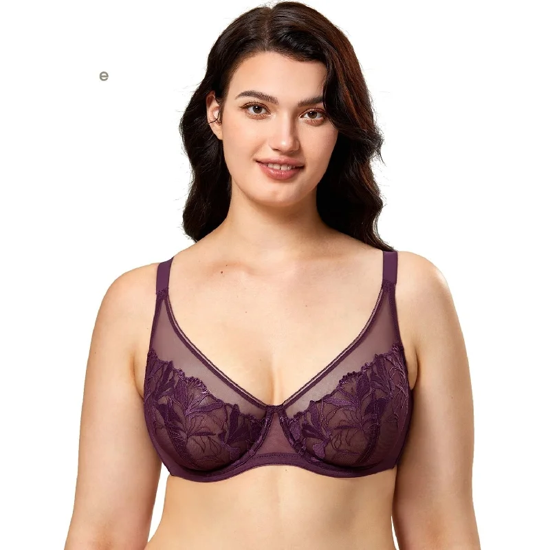 Blackberry Liqueur Sexy Floral Lace Unlined Underwire Bra for Women