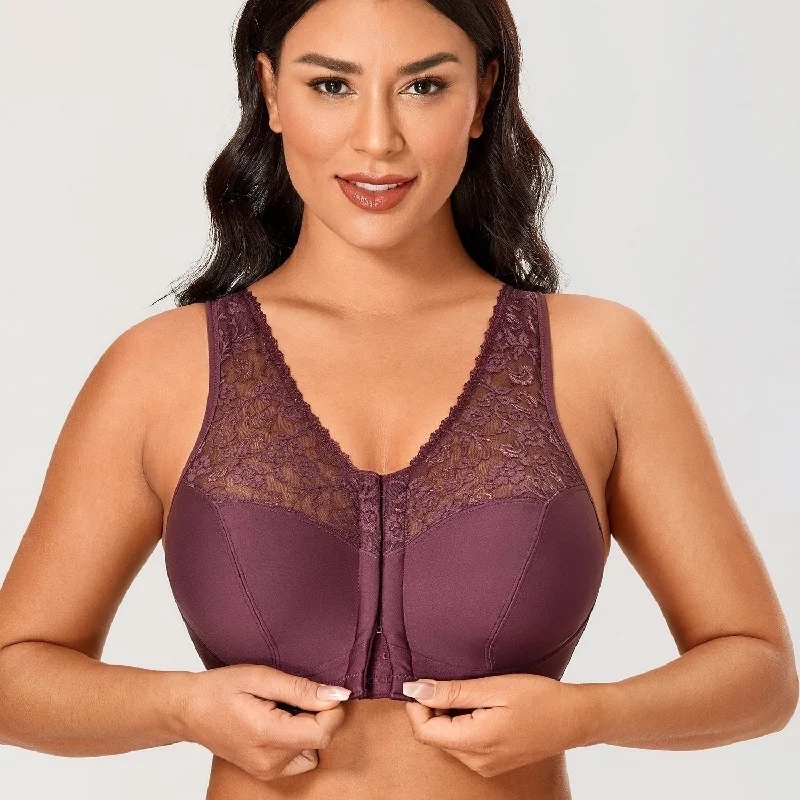 Wine Purple Front-Closure Full Coverage Wirefree Sheer Bra for Women