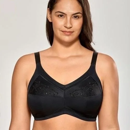 Women's Black Embroidered Lace Full Coverage Wirefree Mastectomy Pocket Bra