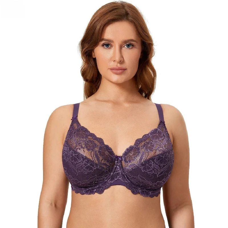 Women's Full Coverage Non-foam Floral Lace Minimizer Plus Size Bra