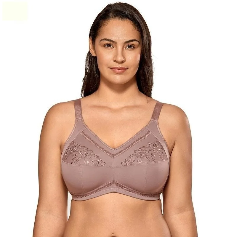 Women's Mochaccino Embroidered Lace Full Coverage Wirefree Mastectomy Pocket Bra