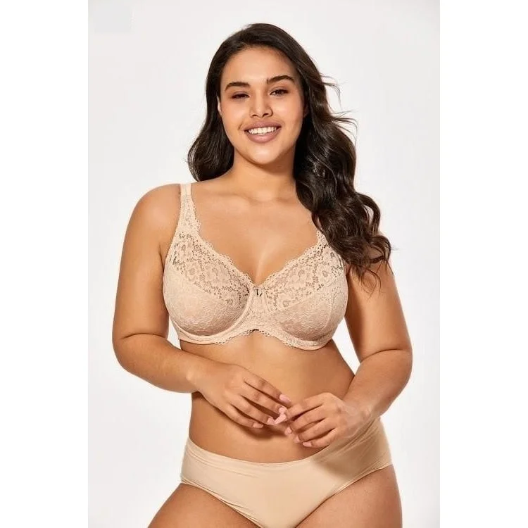 Women's Plus Size Beige Color Lace Non Padded Full Coverage Underwire Bra