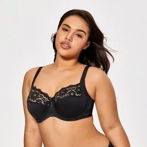 Women's Plus Size Black Sheer Lace Full Coverage Non-Padded Underwire Bra