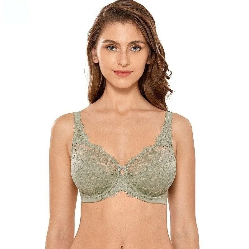 Women's Plus Size Olive Green Lace Non Padded Full Coverage Underwire Bra