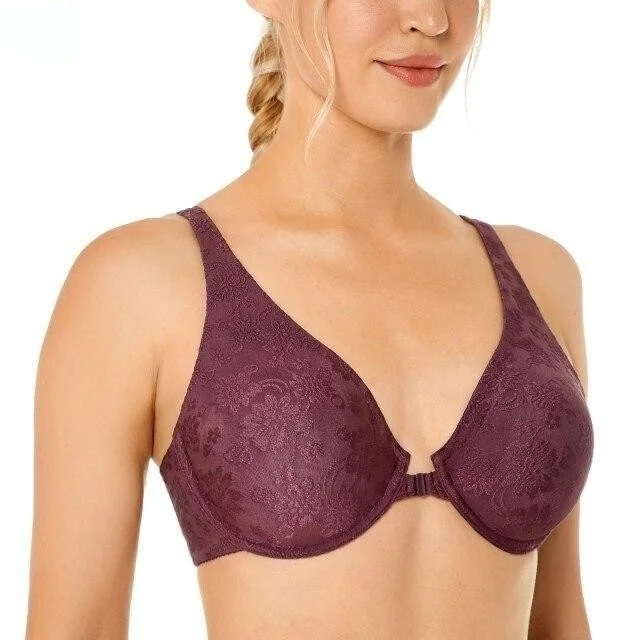 Women's Plus Size Wine Purple Color Unlined Racerback Front Closure Bra