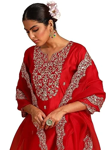 INDO ERA Women's Red Embroidered Straight Kurta Palazzo with Dupatta Set (IEOUT4697_XX-Large) Women's High-End Blazer