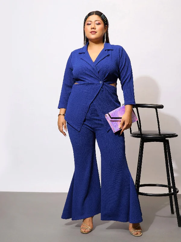 Women Royal Blue Side Cut Out Blazer With Kick Pleat Pants High-End Women's Suit