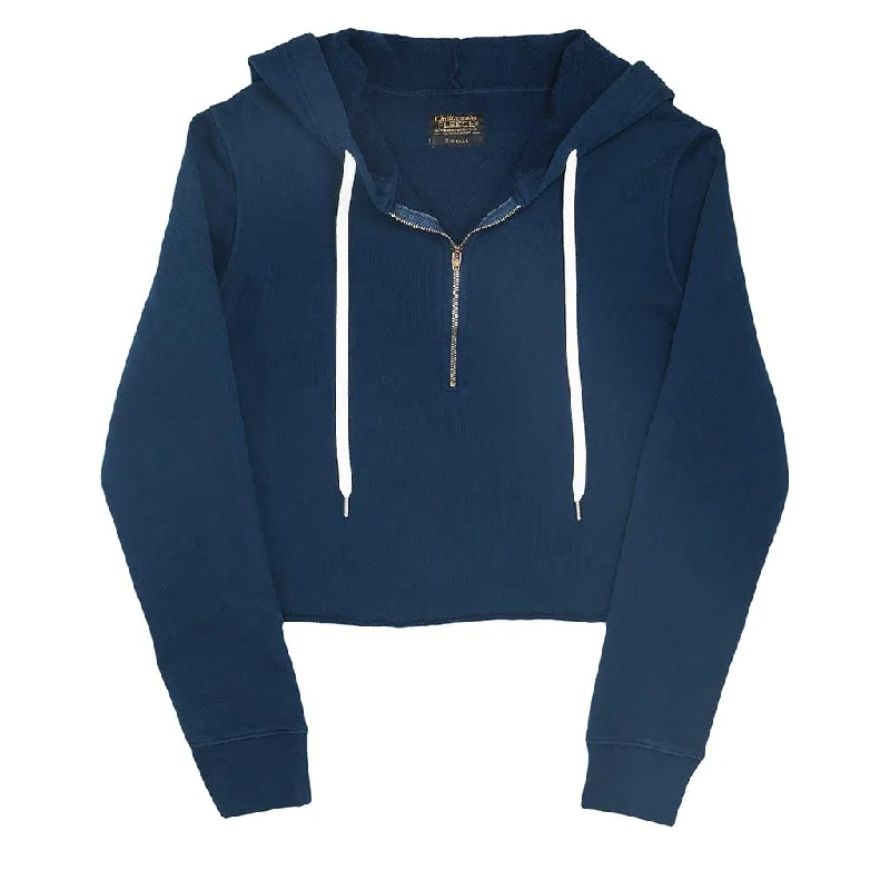 Long Sleeve 8" Half Zip-Front Cropped Fleece Hoodie - Navy Blue Cozy Winter Sweater